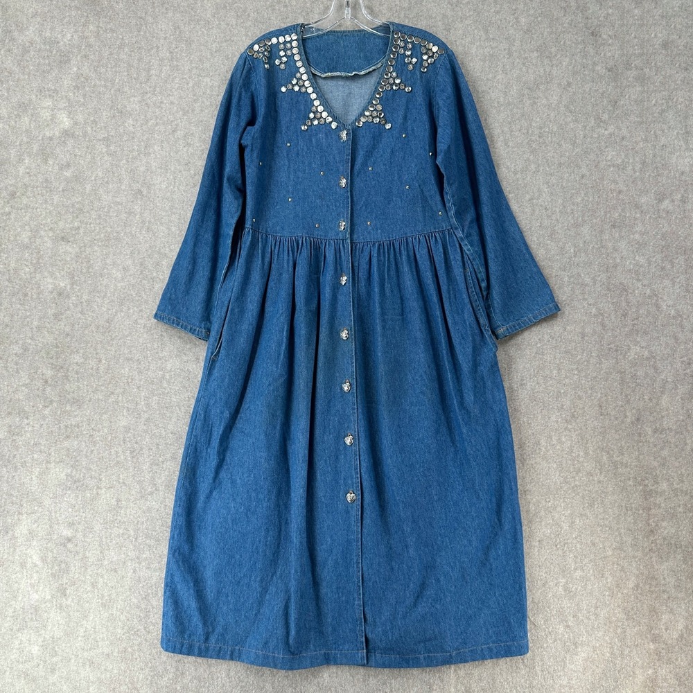 VTG Womens Studded Maxi Denim Dress Sz LARGE Heart Buttons Long Sleeve V-Neck